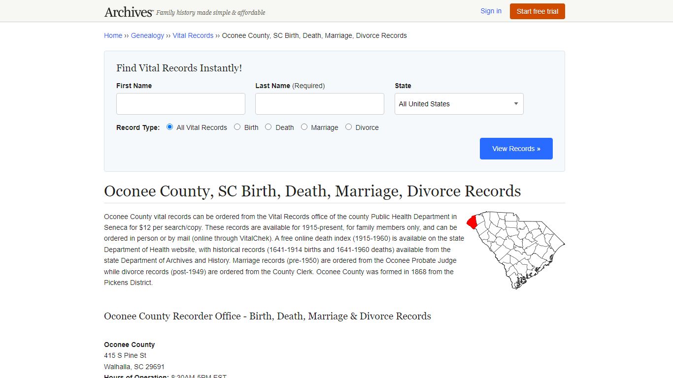 Oconee County, SC Birth, Death, Marriage, Divorce Records - Archives.com